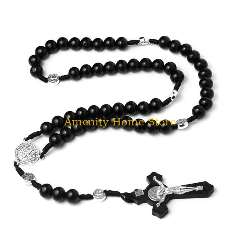F26C Wood Bead Cross Rosary Necklace Hangable Pendant Crafts Long Bead Chain for Christmas Party Church Decorations
