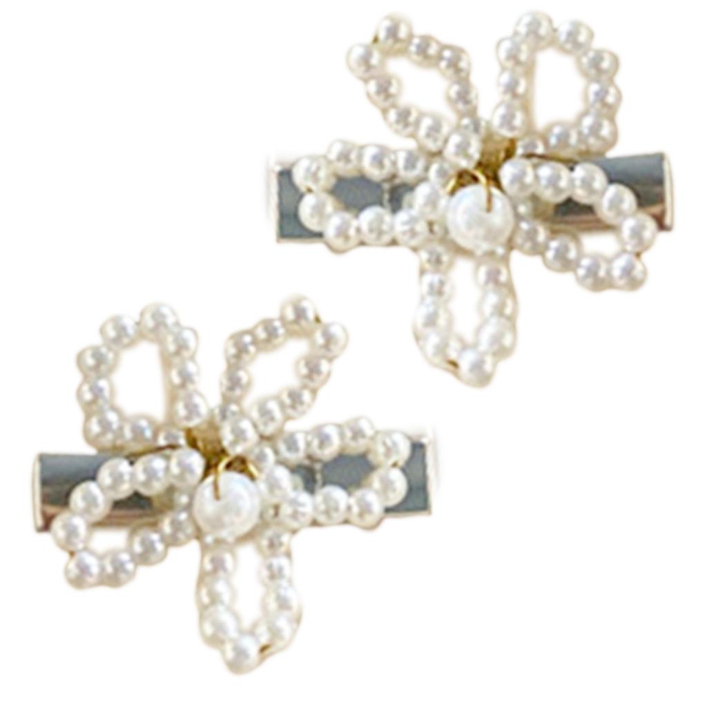 Aesthetic Bowknot Hairpin Duckbill Hair Clip Barrettes Korean Side Pin Lady Beaded Hairclip Hair Styling Accessory 2pcs