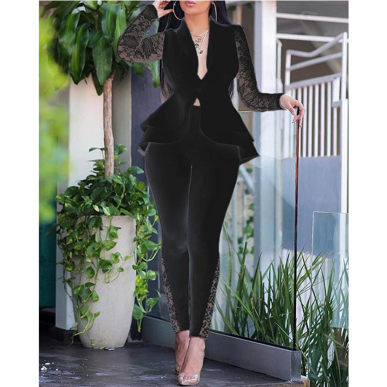 Elegante Completo Due Pezzi Donna Completi da Ufficio Primavera Autunno Manica in Pizzo Cappotto Slim Top + Pantaloni a Matita Set Moda Femminile Set Due Pezzi