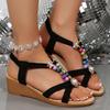 Mode Mode String Perlen Keilsandalen für Damen Sommer 2025 Böhmischer Stil Strandschuhe Frau Elastikband Slipper Römische Sandalen