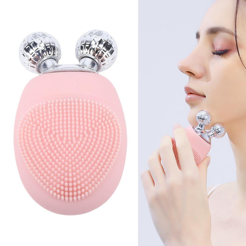 Facial Cleansing Brush IP67 Water Proof Rechargeable Silicone Face Scrubber Exfoliator with Rollers Pink