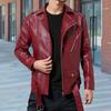 Men Jacket Slim Fit Faux Leather Solid Color Coat with Diagonal Zipper Belt Adjustment Windproof Coat