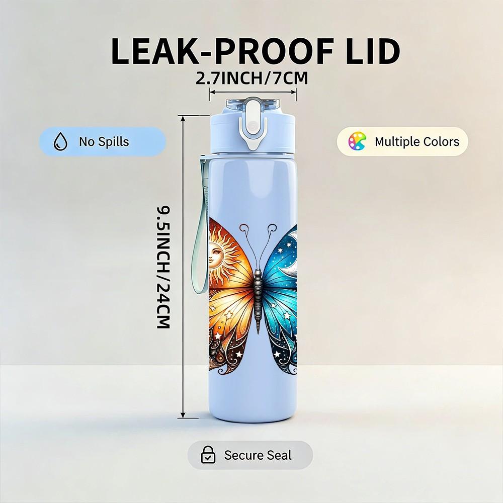 1PC Bright Color Butterfly Wing Print 750ml Color Plastic Sports Water Bottle Leakproof Flip Straw Lid Suitable for Sports Office Home Use