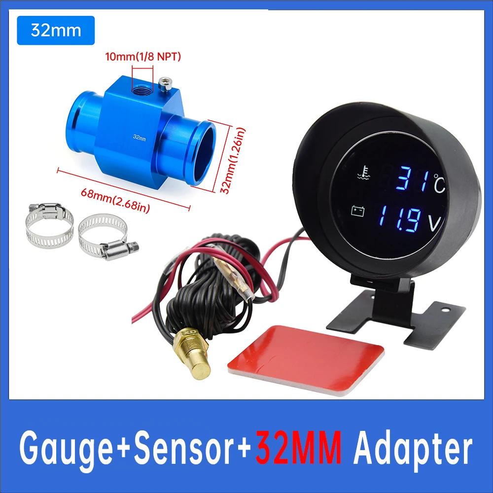Car Water Temperature Gauge With volt meter 2 in 1 LCD Car Truck Gauge+ 26-40MM Water Temp Joint Pipe 10MM Water Tempe Sensor