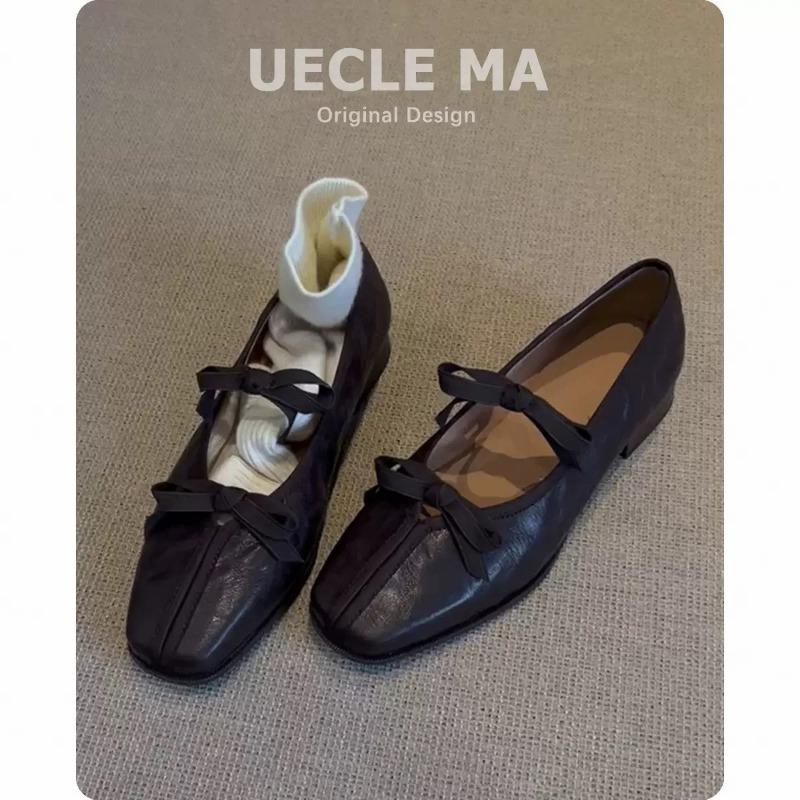 Sheepskin~ Genuine leather single shoes women's thick heels are not tired of high heels, ballet shoes retro bow Mary Jane shoes