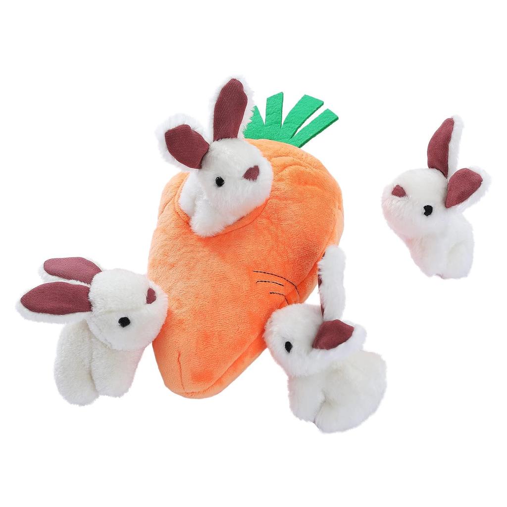 AmazonBasics Dog Squeak Toys Stuffed Animal Hide and Seek Rabbit Carrot 5 White Pack, Orange,