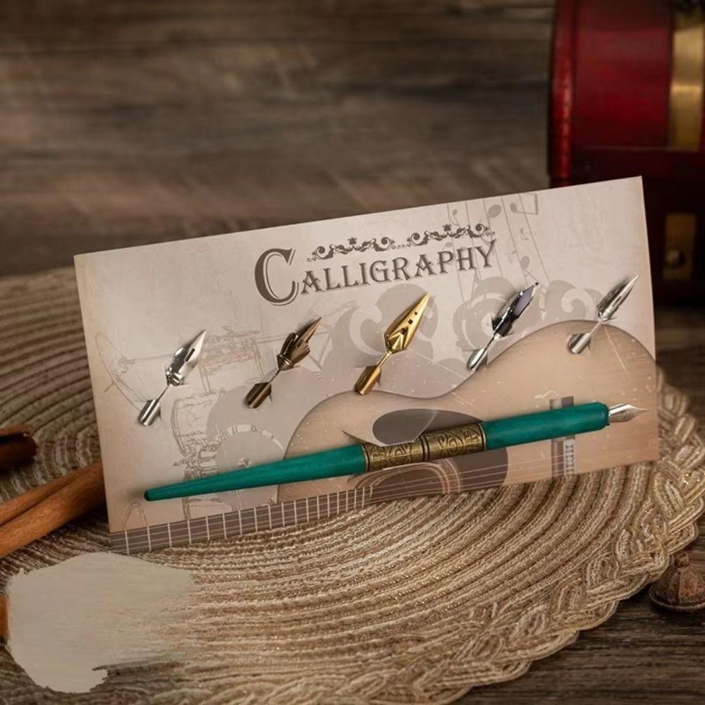 With 5 Nibs Calligraphy Pen Wood Handle Dipping Pen Multifunction Dip Pen Set School Supplies
