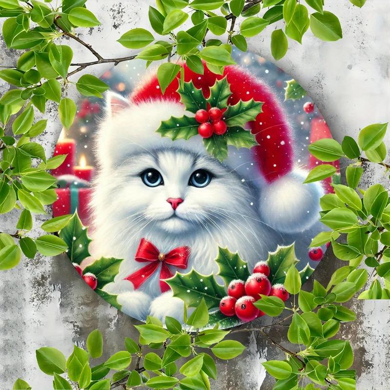 2D Flat Vintage Round Acrylic Christmas Decoration Sign, Santa Hat Cat & Holly, Home Decor Plaque Hanging Wall Art Decorative Garden Decoration for Ro