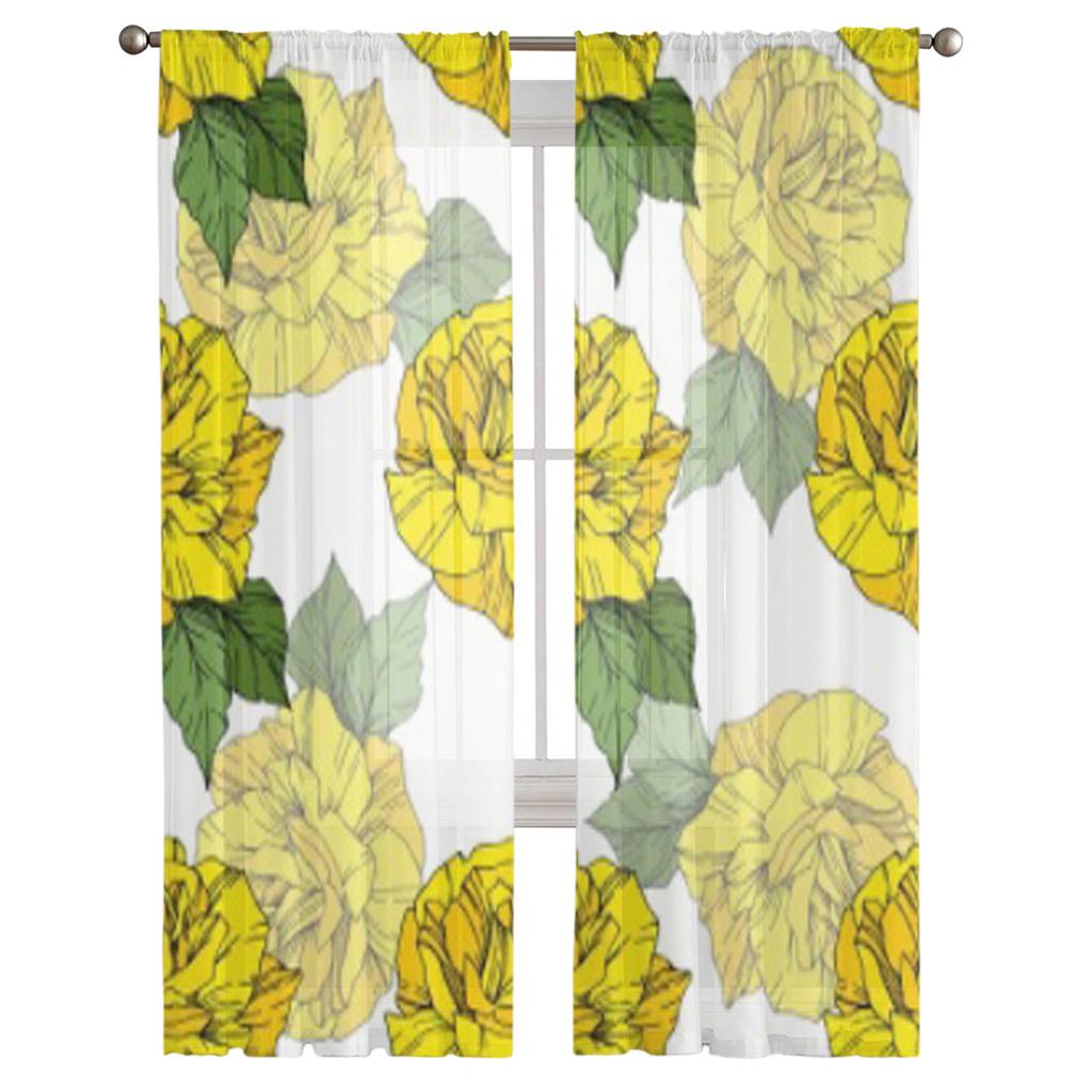 Yellowl Color Engraved Ink Art Sheer Curtains for Living Room Transparent Tulle Window Curtain Bedroom Kitchen Decor Veil Drapes