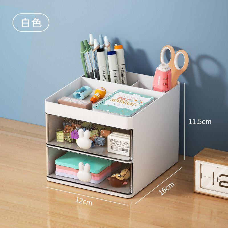 Multi Functional Desktop Storage Box with Two Transparent Drawers and Top Compartments for Organizing Stationery Cosmetics and Small Items