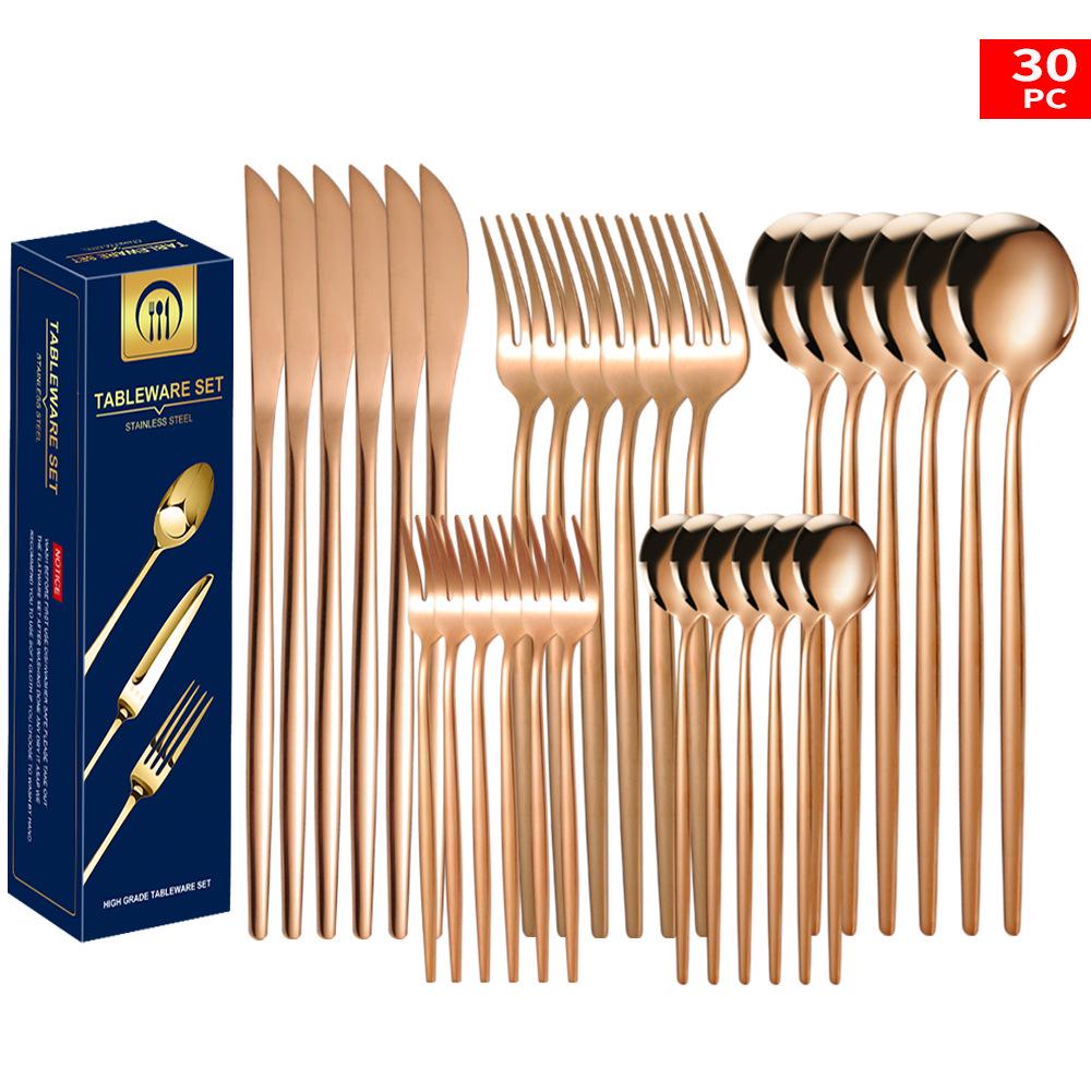 Set tacâmuri din oțel inoxidabil Portugal Gold, 24 de piese: Cuțit de Steak, Furculiță, Lingură de Hotel în Cutie Cadou