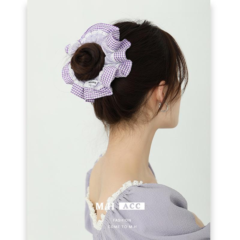 2025 New Korean Version Plaid Color Matching Lace Polka Dot Large Intestine Hair Band Sweet, Fresh and Simple Versatile Headrope Wholesale