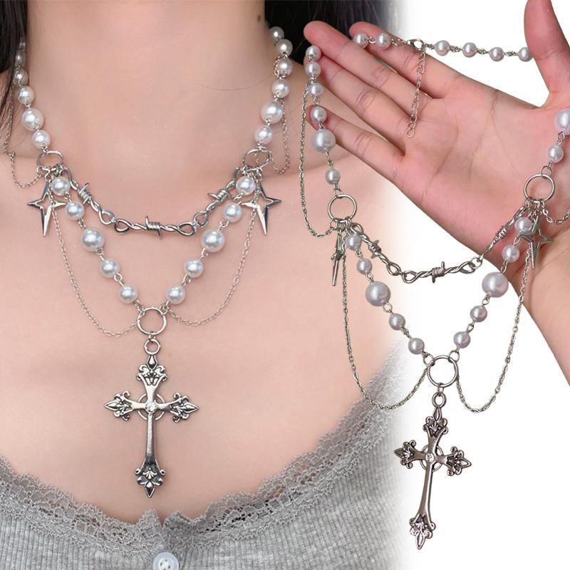 Gothic Punk Style Y2k Bead Cross Pendant Necklace Women's Multi-layer Retro Trendy Accessory Jewelry