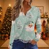 Women's Casual Christmas Print V-Neck Long Sleeve T-Shirt with Button