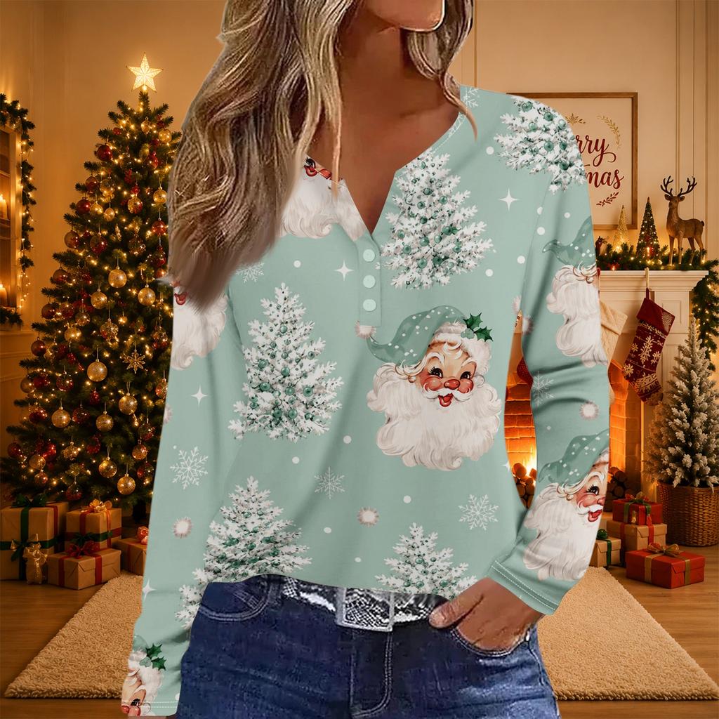 Women's Casual Christmas Print V-Neck Long Sleeve T-Shirt with Button