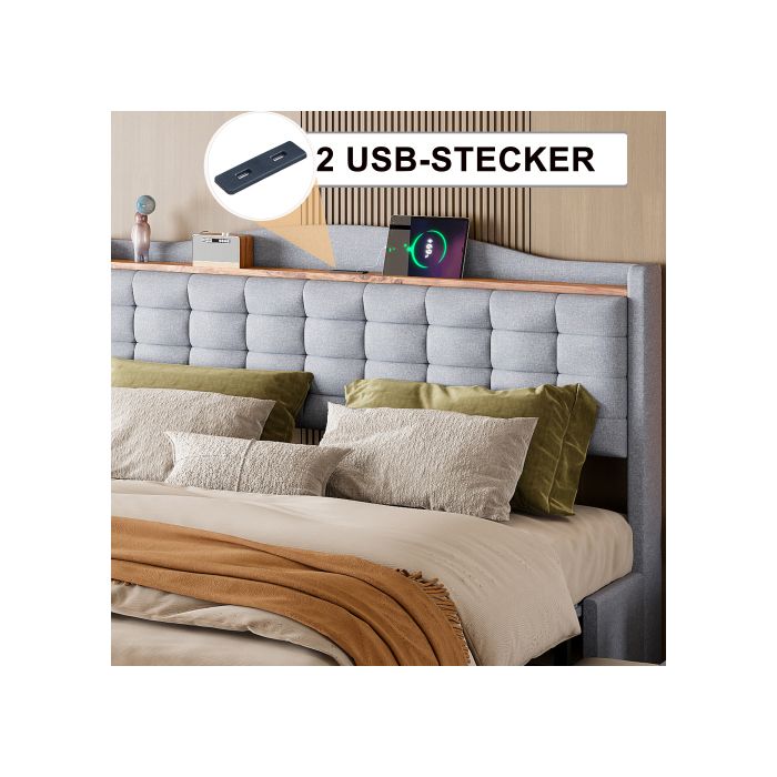 Lit double rembourré - MUVOE - 160x200 cm - Tiroirs de rangement - Prise USB intégrée - Tissu lin gris