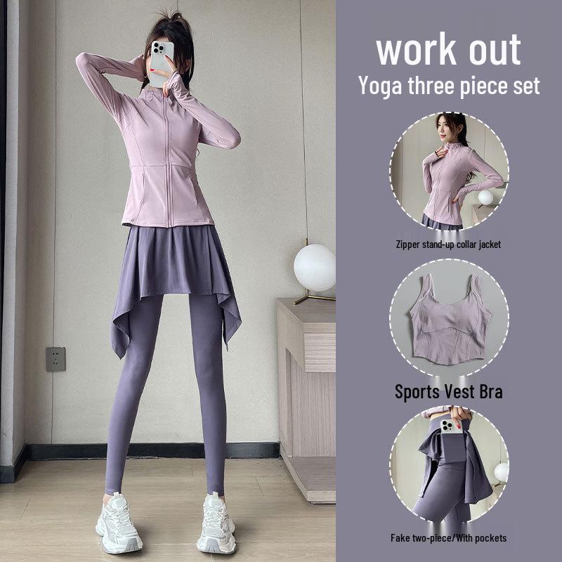 Women's Autumn 2024 High-End Fitness Set: Yoga Top, Tennis Skirt, and Climbing Pants