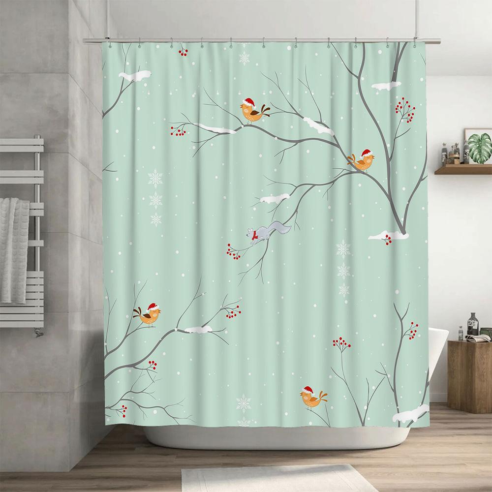 Christmas-Themed Shower Curtain With Birdsholiday Decor For Bathroom, Waterproof Fabric, Washable Design Light Blue Color (#01)