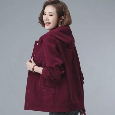 2025 Spring & Autumn Women's Corduroy Hooded Jacket - Thin, Fashionable, for Middle-aged and Older Mothers