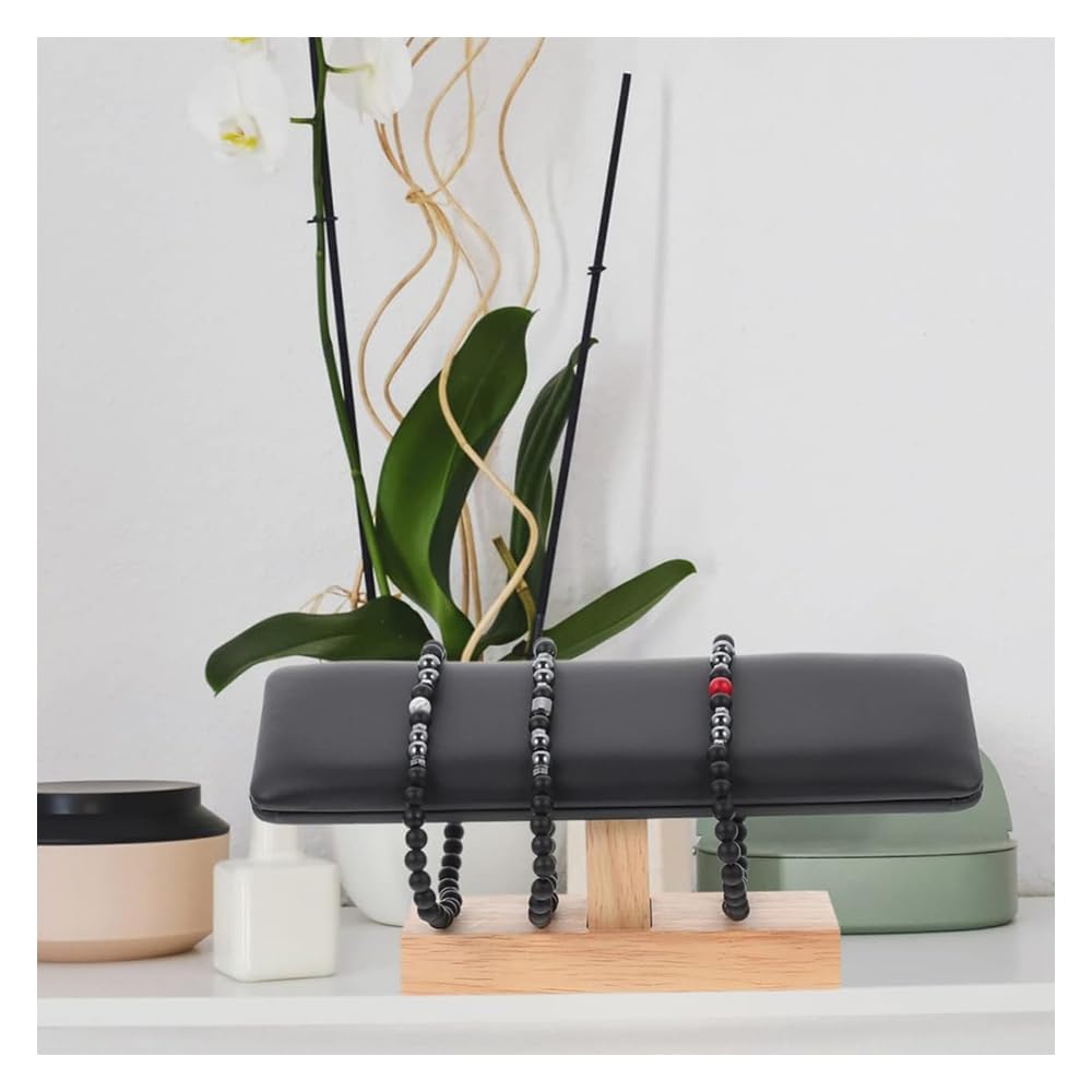 Stylish PU watch stand with natural wood accents for perfect for home retail display T-shaped stand/accessory 2-4 watches, (black)