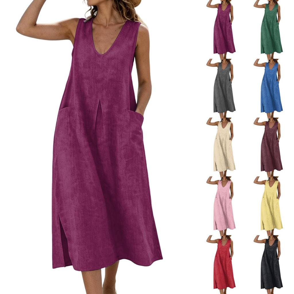 Sleeveless V Neck Midi Dress with Pockets Loose Fit Casual A Line Dress for Women Lightweight Summer Sundress