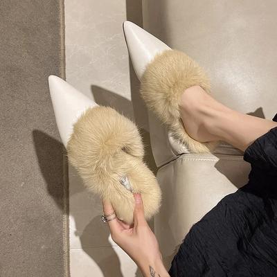 Novas Pantufas Quentes de Inverno de Pelúcia de Pele de Coelho Real para Mulheres Sapatos Xadrez Peludos de Aves Bico Fino Salto Baixo Slides de Cabelo