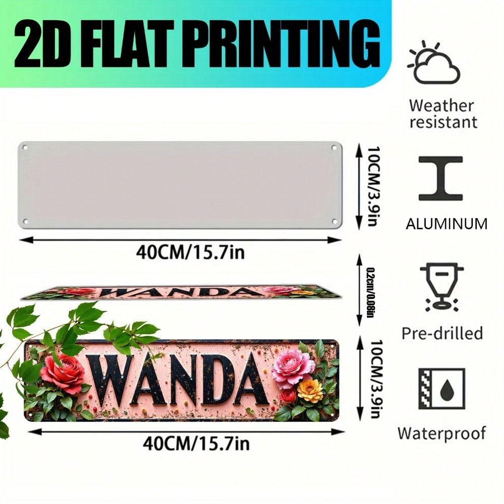 Vintage WANDA Metal Wall Sign, Rustic Pink & Burgundy Rose, 2D Flat Farmhouse Decor, Durable Aluminum Finish