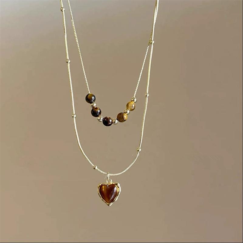 Модное Двухслойное Коричневое Натуральное Каменное Сердце Солнца Подвеска Золотая Металлическая Цепочка Ожерелье Для Женщин Эстетичное Ретро Украшение Подарок