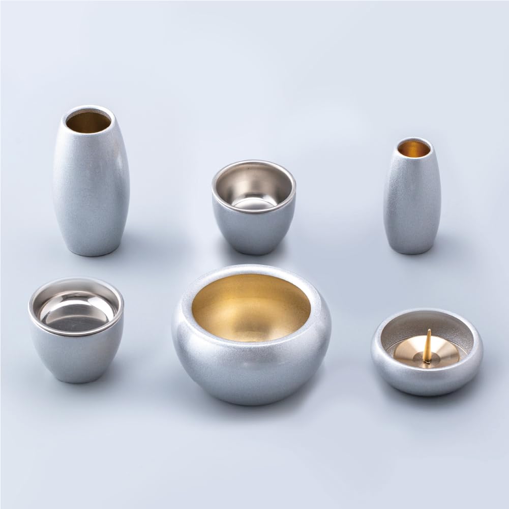 

Silma Silver Crown Buddhist Altar Set, 6 Buddhist Altar Pieces, 2.0-inch, Modern, Copper and Brass, Round, Cute Mini Buddhist Altar Set (Silma 6