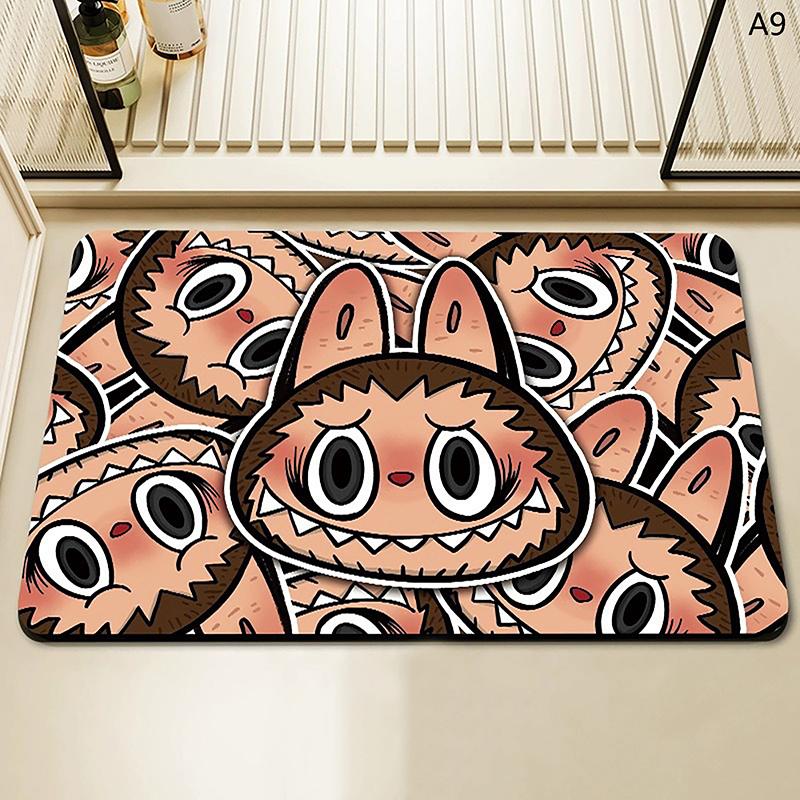 Alfombra de baño con estampado de Labubu de dibujos animados, felpudo antideslizante, alfombrilla de secado de cocina para dormitorio, alfombrilla de drenaje, alfombra de entrada, alfombra de dibujos animados para el hogar