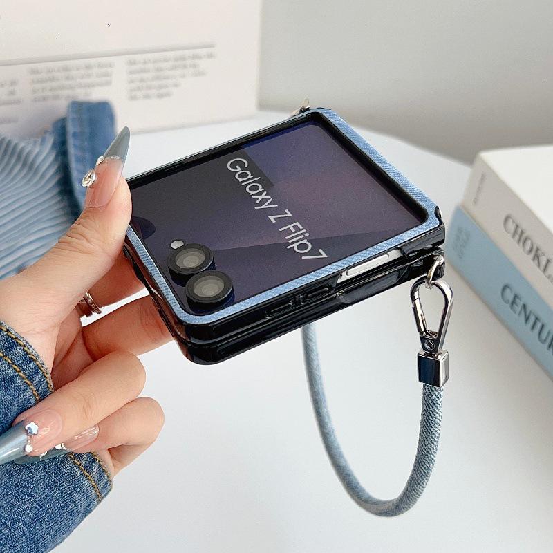 Samsung Z Flip7 Case: Stylish Denim Texture, Drop-Proof, Foldable Screen Protection, Anti-Lost Wrist Strap, Lanyard Included.