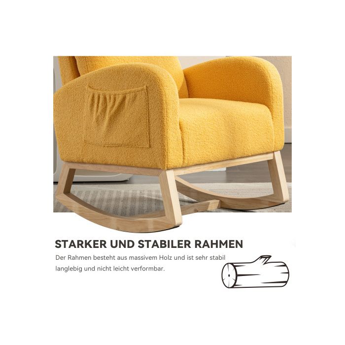 Fauteuil à bascule moderne du milieu du siècle, tissu ours en peluche, assise rembourrée, jaune