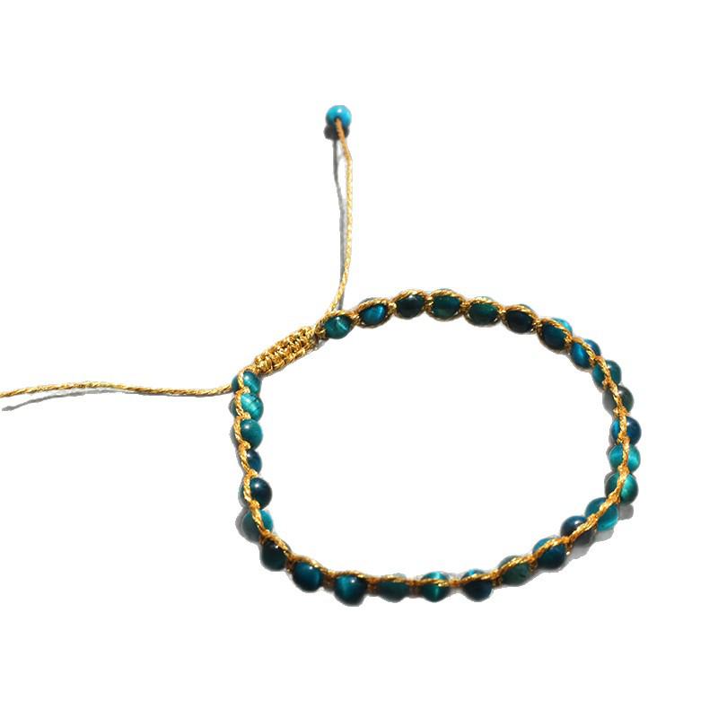 Squisito Bracciale con Perle di Occhio di Tigre Blu da 4 mm con Filo d'Oro - Gioiello Bohemien Regolabile in Cristallo