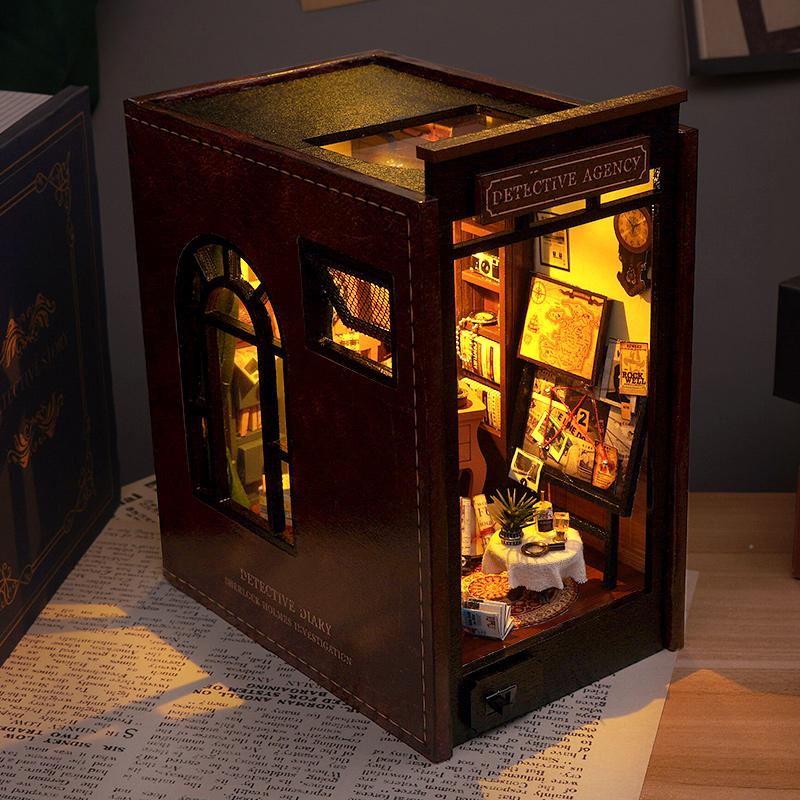 DIY Book Nook Insert Shelf Kits Wooden Miniature Model Kit Detective Agency Casa Bookend Assembled Bookshelf Home Decor
