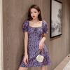 Large size fashion dress women's summer new retro square collar belly covering and thin bubble short sleeve floral dress