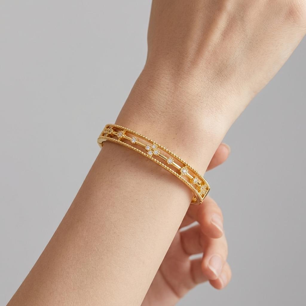 Luxurious hollow lace floral design inlaid with synthetic zirconium, copper open bangle with delicate beaded edges and carved patterns, a delicate
