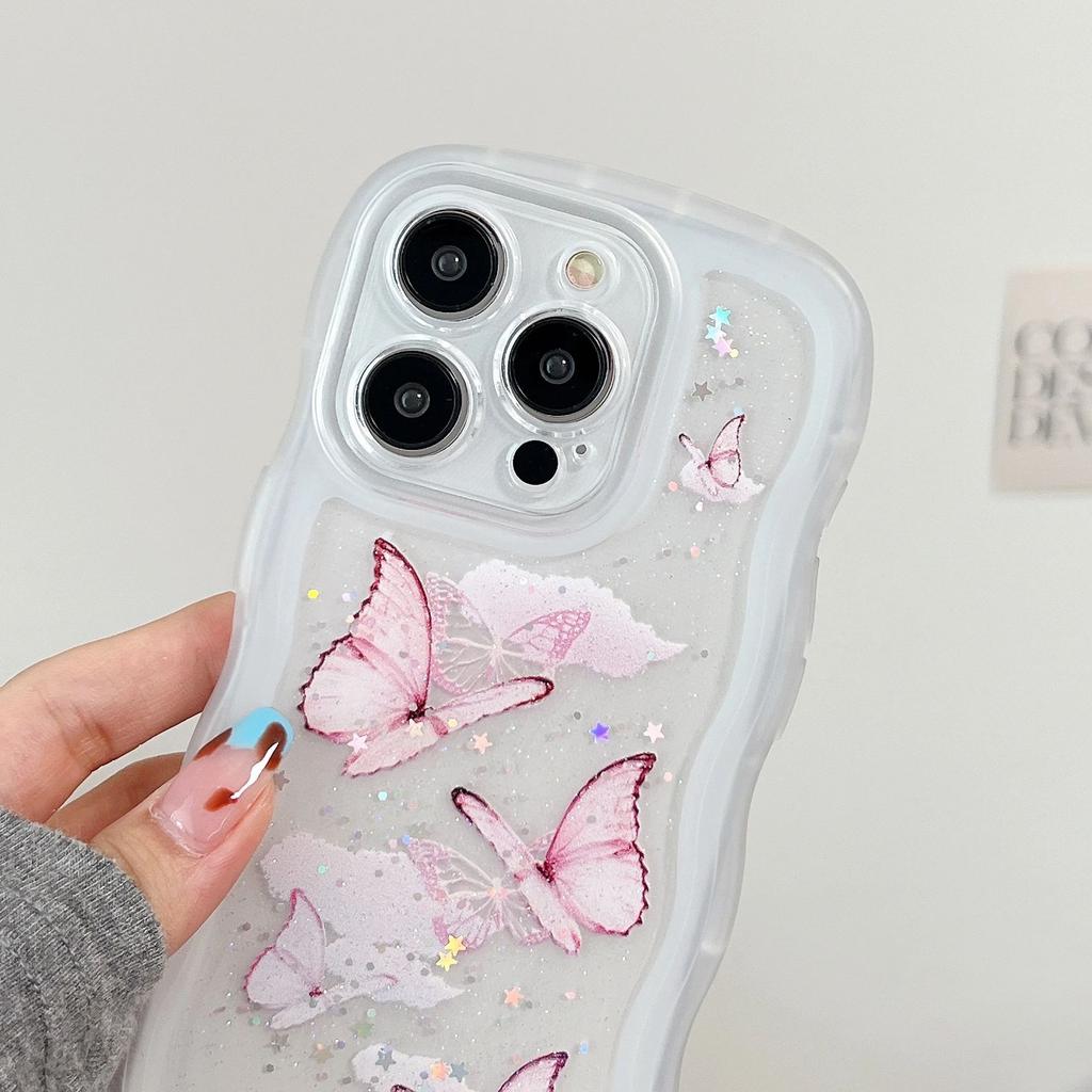 Glitter Sequins Butterfly Bumper Case For iPhone 16 E 15 14 13 12 Mini 11 Pro XR X XS Max 7 8 Plus SE Curly Frame Bling Cover