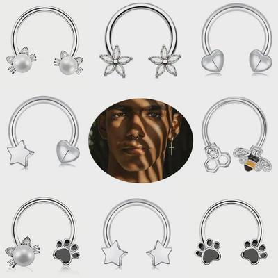 Stainless Steel Cat Paw Pearl Septum Ring & Flower Nose Clip