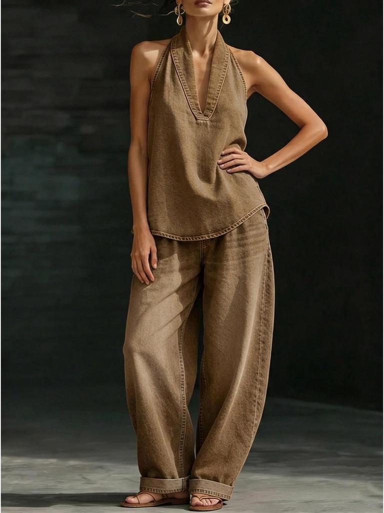 Spring Collection: Women's Retro Frog Button Denim Vest & Wide-Leg Long Pants Set