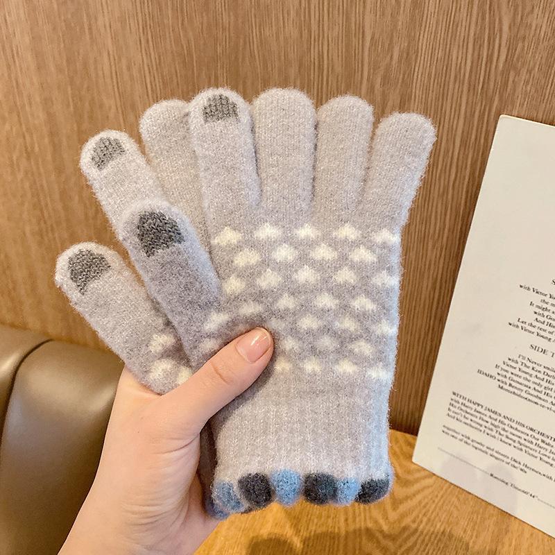 

Зимние теплые перчатки для сенсорного экрана для женщин, корейская версия, устойчивые к холоду для езды на велосипеде, милые плюшевые вязаные утолщенные шерстяные модные перчатки One size