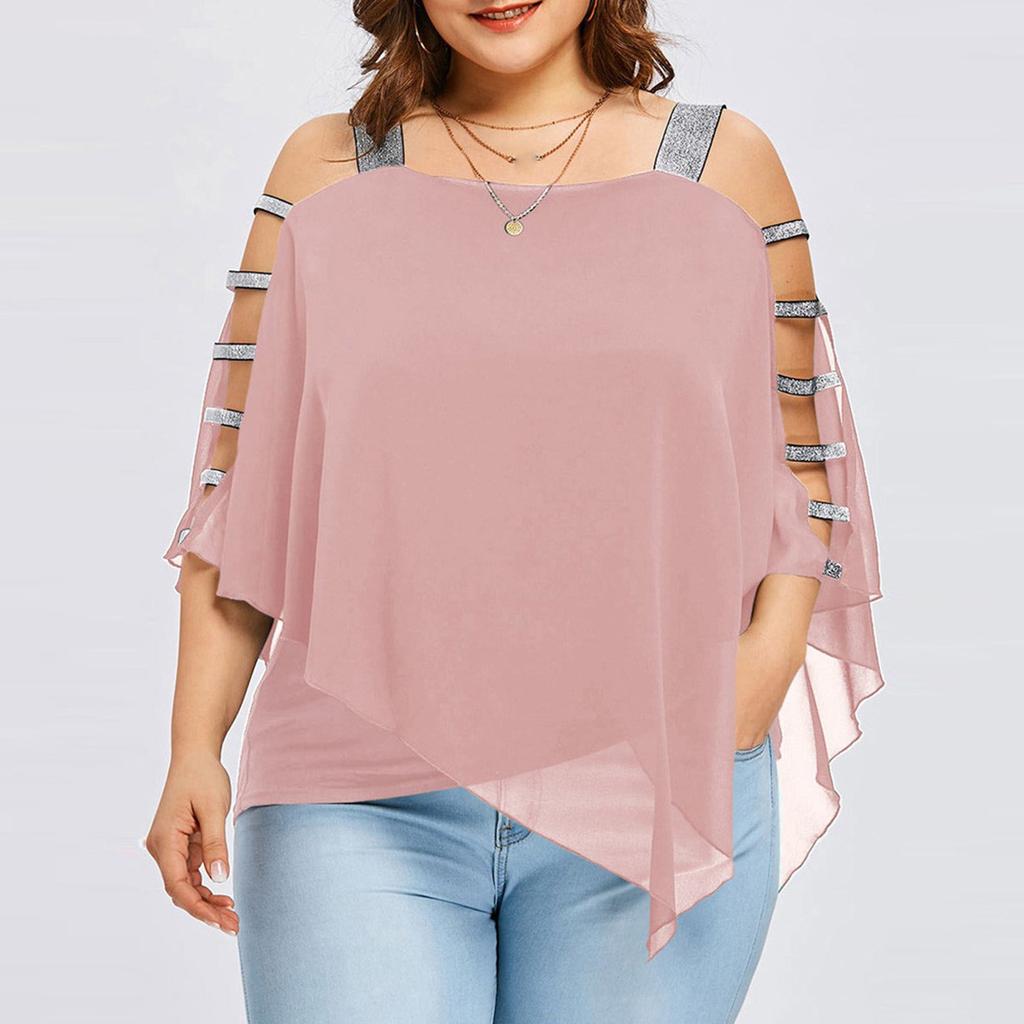 Sexy Women Fashion Plus Size Ladder Cut Overlay Asymmetric Blouse Strapless Tops