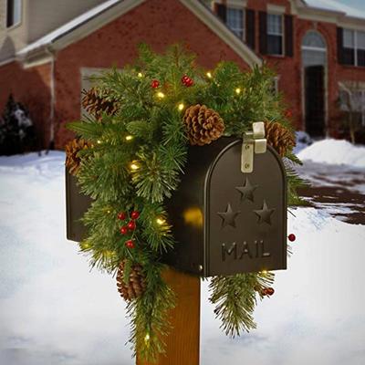 36" Lighted Mailbox Swag with Timer Function Artificial Pine Cone Red Berries Mailbox Garland Simulated Pine Needles Christmas Swag