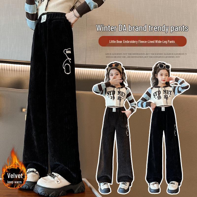 Girls' Fleece-Lined Cartoon Bear Wide-Leg Pants for Autumn/Winter