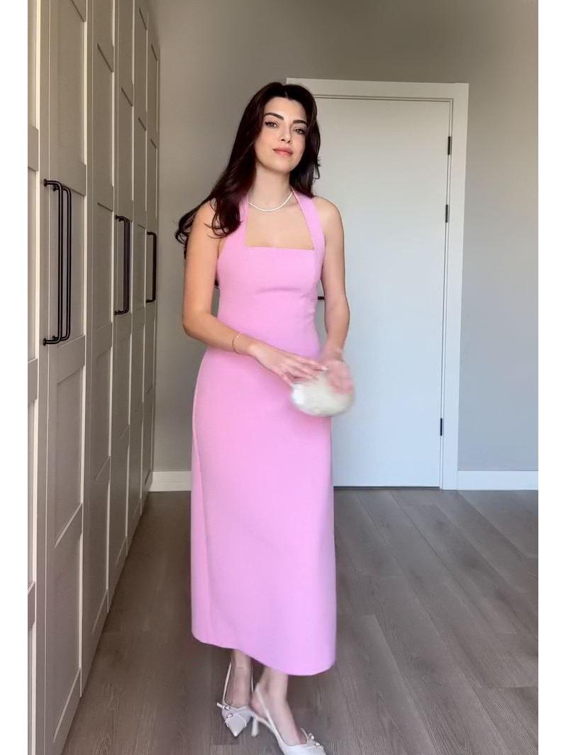 

2025 Summer Women s Solid Square Neck Sleeveless Casual Waist Dress Small розовый