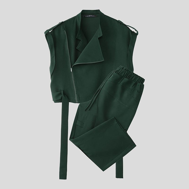 

Комплекты из двух предметов INCERUN для мужчин: укороченный жилет без рукавов на молнии и длинные брюки карго. 3XL зелёный