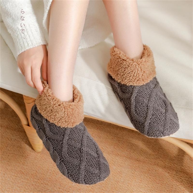 Unisex Thermal Knit Ankle Socks for Cold Weather Nonslip Grip Bottom Soles Floor Socks Thick Fleece Lined Slipper Socks