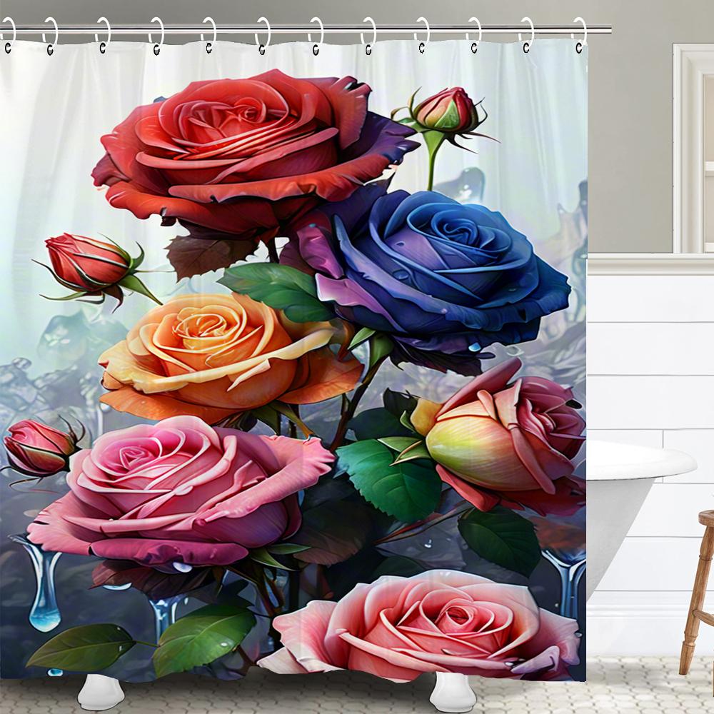 1 Pcs Painted Rose Flower Waterproof Shower Curtain, Colorful And Gorgeous Flowers Bathroom Decoration Curtain, With Hooks