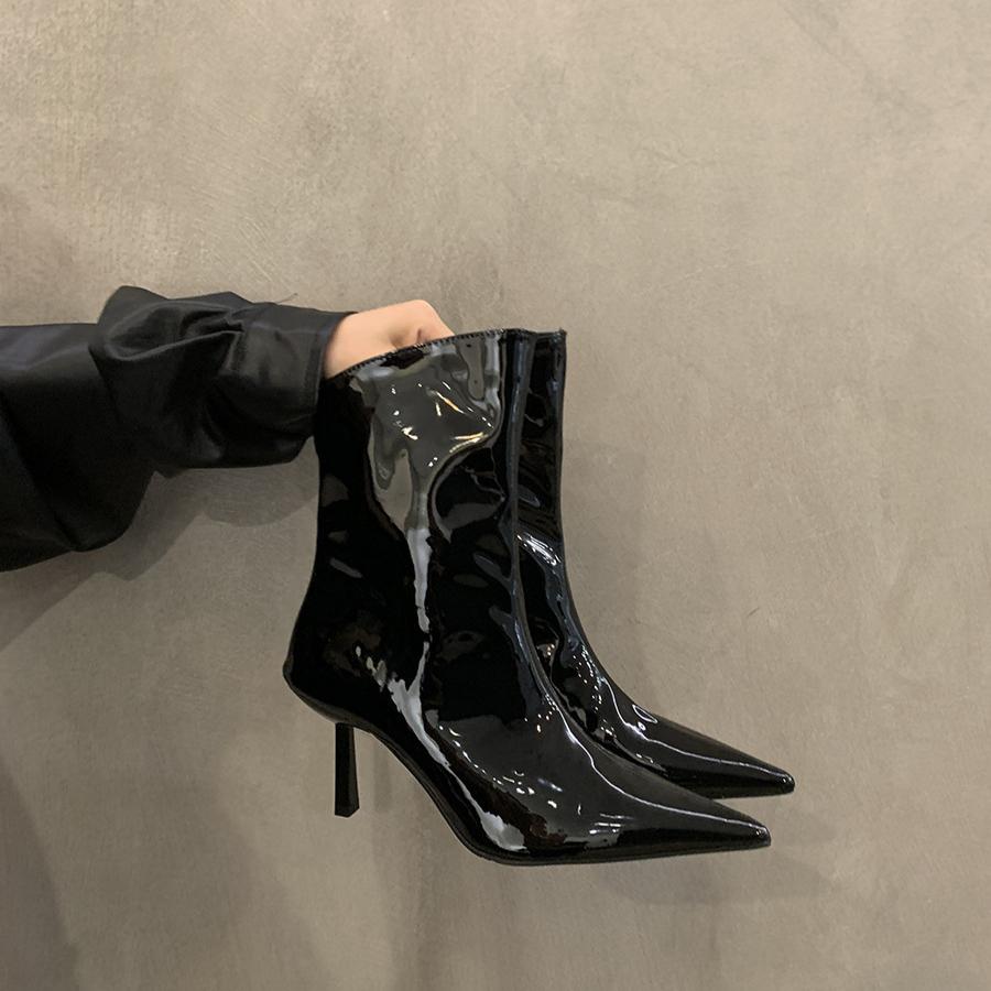 Γυναικείες Μποτάκια Αστραγάλου με Ψηλό Τακούνι Σέξι Στιλέτο Παπούτσια Μυτερή Μύτη Σχεδιαστής Φθινόπωρο Νέα 2024 Τάση Κομψές Δερμάτινες Μπότες