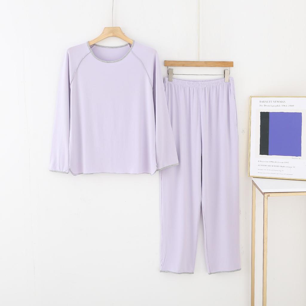 Solid Color Modal Women's Sleepwear Four Season Long Sleeved Pants Round Neck Pullover Home Suit Set with Fashionable Splicing