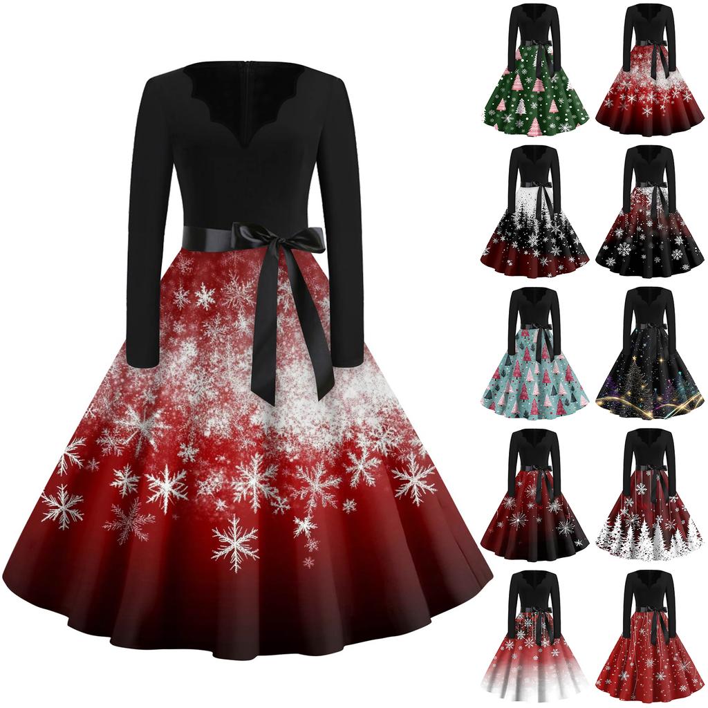 Dámské módní šaty s výstřihem do V, volného střihu, s vánočním potiskem a dlouhým rukávem